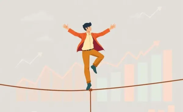 Person balancing on a rope with charts in the background