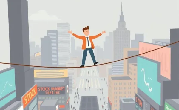 A cartoon person balancing on a tightrope over a stock market scene