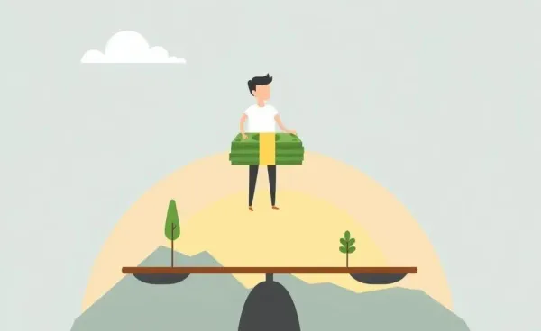 A cartoon person balancing money and scenic landscape on a scale.