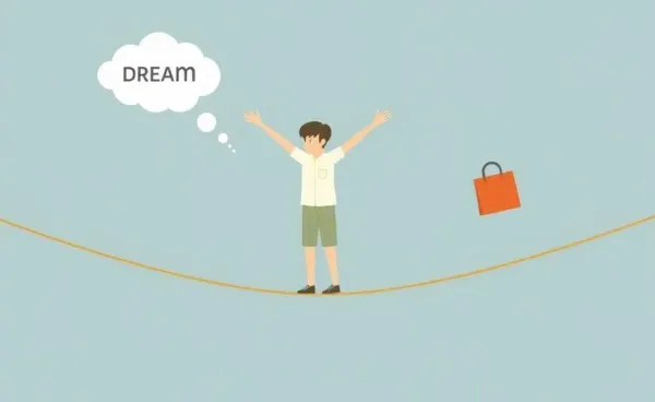 Person balancing dreams and practical needs on a tightrope