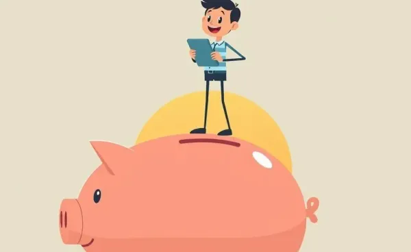 Cartoon character balancing a budget on a giant piggy bank at sunrise
