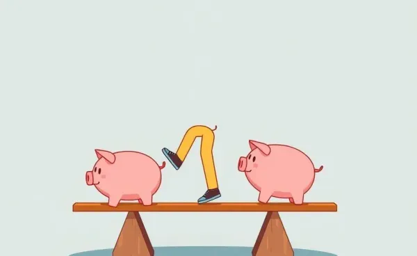 A person balancing two piggy banks on a seesaw representing piggyback loans