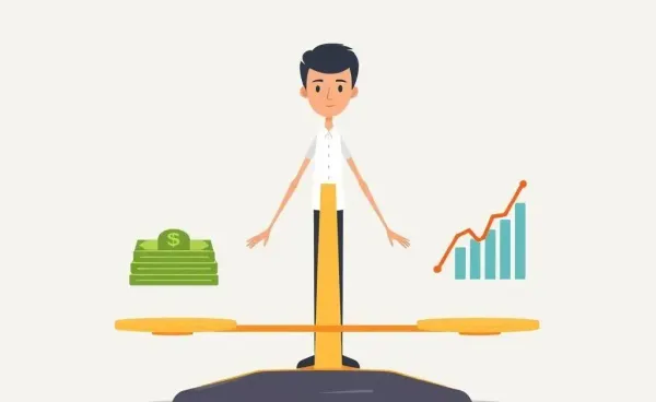 Person balancing risk and reward on scales