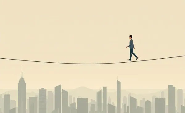 Person balancing on a tightrope above a cityscape, symbolizing risk and reward.