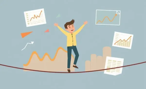 Cartoon of a person balancing on a tightrope with stock charts around