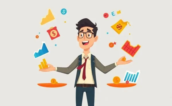 An investor balancing various stock symbols as a juggler in a cartoon style