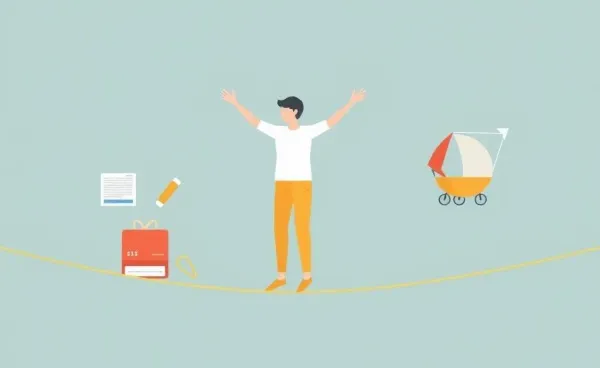 Illustration of balancing work and play on a tightrope
