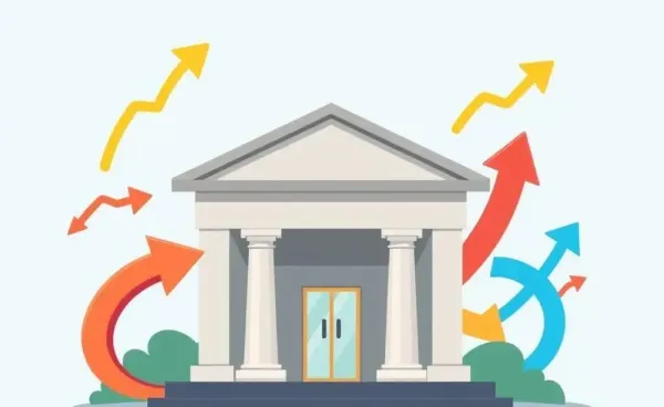 Cartoon bank building illustrating interest rate changes