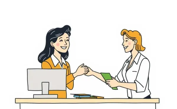 Hand-drawn bank teller assisting a customer with a warm smile