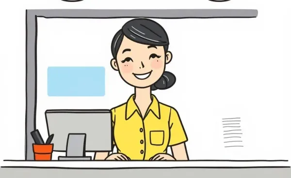 Hand-drawn scene of a young bank teller smiling behind a counter.