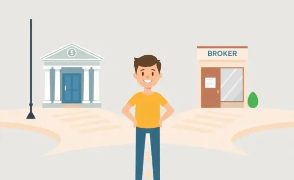 Illustration of crossroads with a bank and broker office.