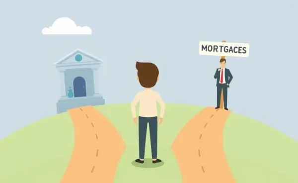 A person deciding between a bank and a mortgage broker road