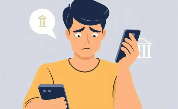 Person waiting by phone with bank logo