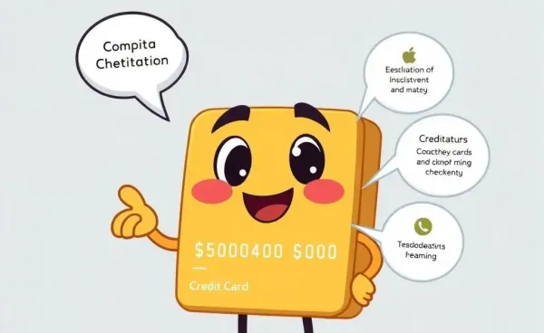 Friendly, informative credit card mascot with feature thought bubble