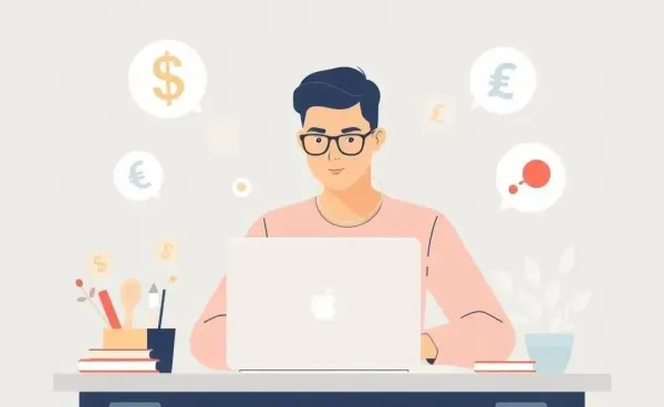 Person managing banking overseas with currency symbols