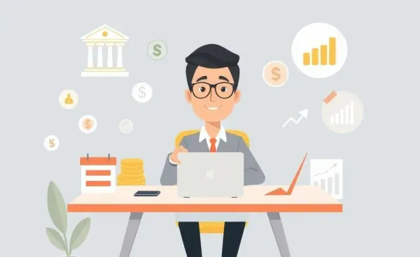A confident person managing finances at a desk with banking icons.