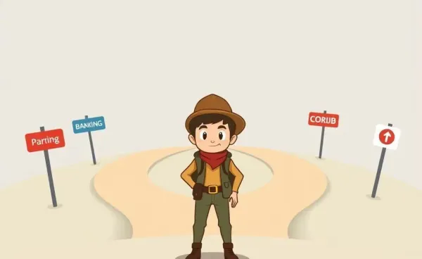 An explorer standing at a fork in the road with different banking options.