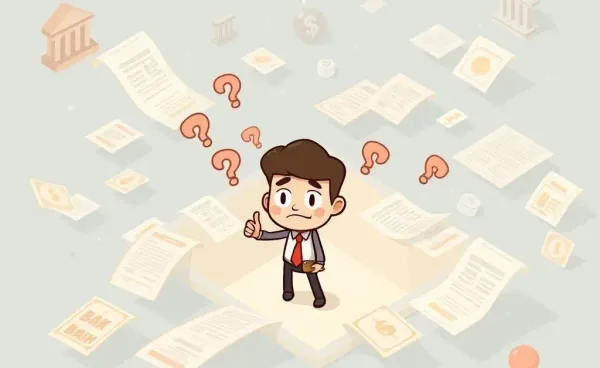 A character navigating through banking documents and symbols