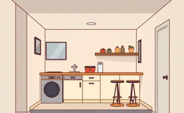 Cozy basement with a kitchen and a wet bar setup