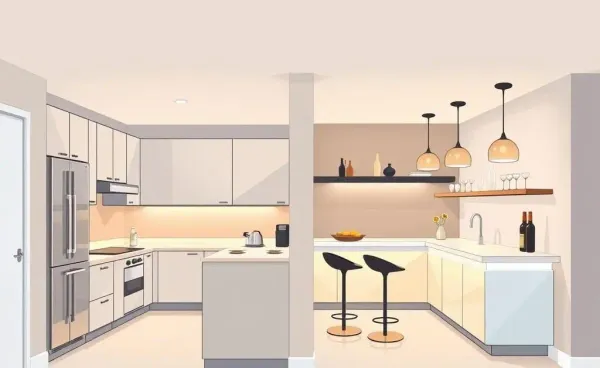 Illustration of a basement split into a full kitchen and a wet bar.