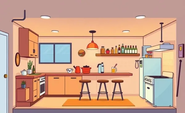 An illustration of a basement with a full kitchen, wet bar, and hot plate setup.