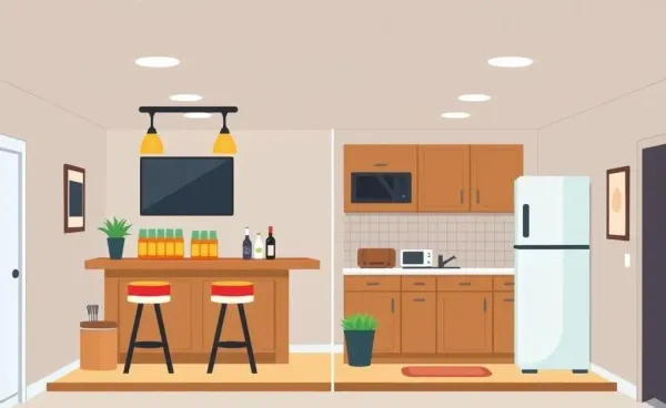 Illustrative comparison of a basement with a wet bar and a full kitchen