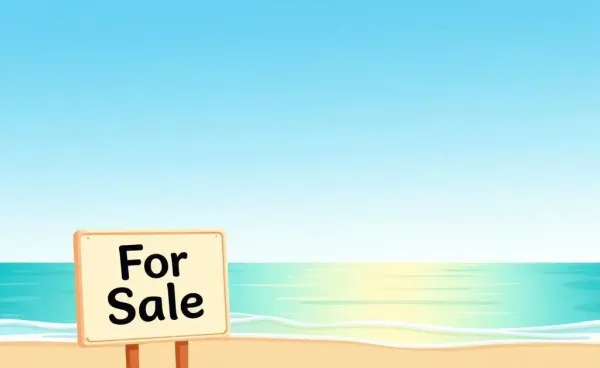 Cartoon-style image of a beach with a 'For Sale' sign