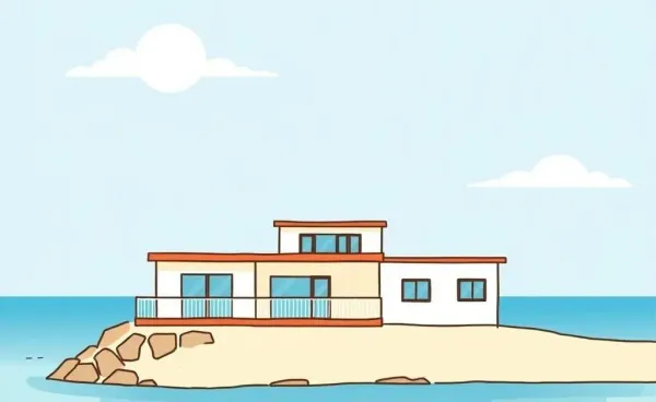 Cartoon-style image of a beach property overlooking the ocean