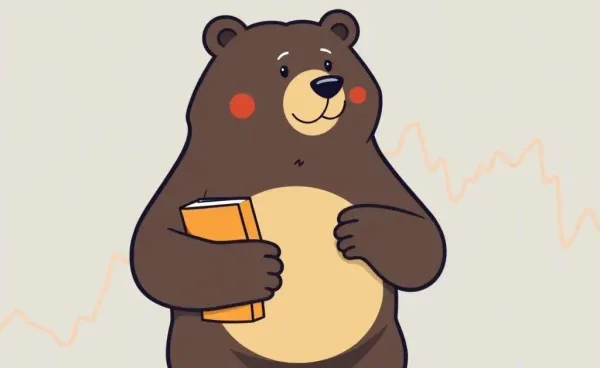 Bear holding an investment portfolio with a fluctuating stock market graph.