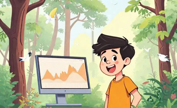 Young investor looking at a financial chart on a computer screen with natural elements around