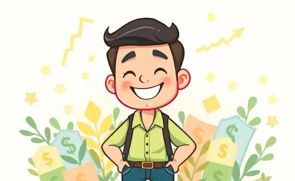 A cartoon image of a delighted person surrounded by stocks