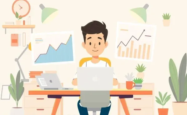 Person sitting at a desk with financial charts and a laptop, symbolizing investing