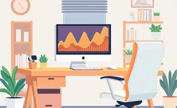 A cozy desk setup with financial charts on a computer screen.