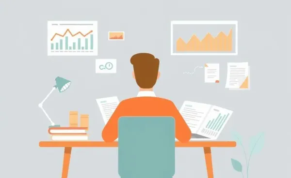 Illustration of a person studying financial charts at a desk
