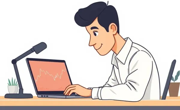 A cartoon drawing of a beginner investor at a desk with a laptop showing stock charts