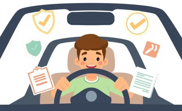 Person driving a car with various insurance symbols floating around