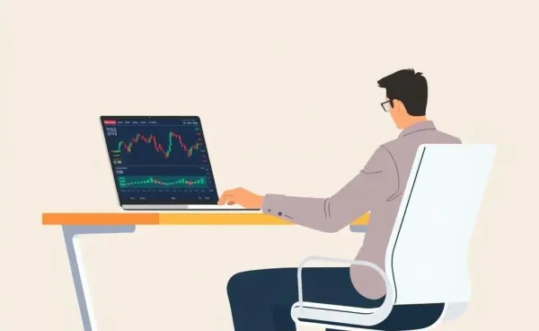 A person at a desk analyzing trading charts on a laptop.