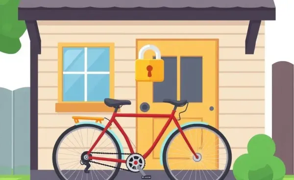 A cartoon-style bicycle parked securely in front of a house.