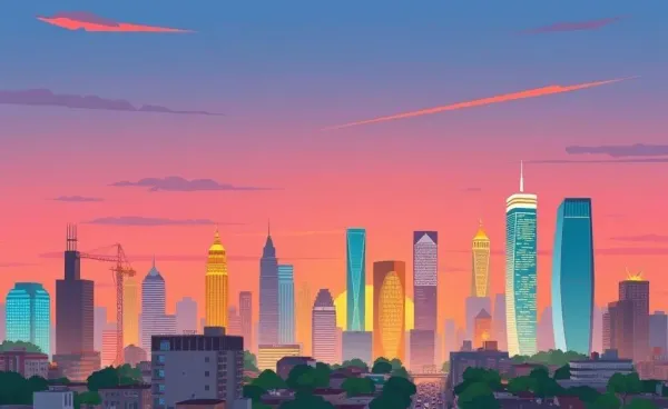 Cartoon-style city skyline at dusk