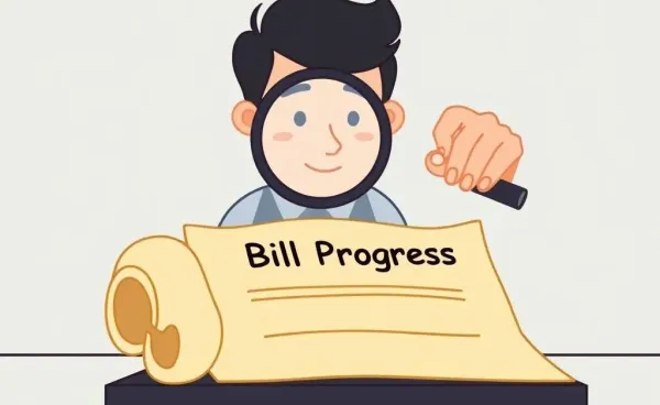 Cartoon image of a person examining bill progress