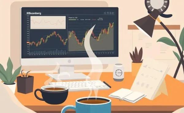 A warm desk setup with a Bloomberg terminal displaying financial data.