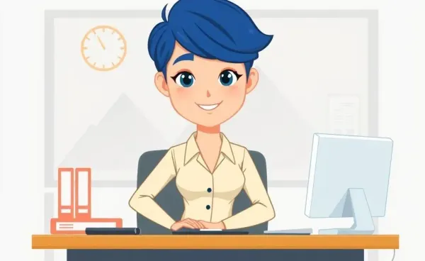 A confident young professional with blue hair at an office desk