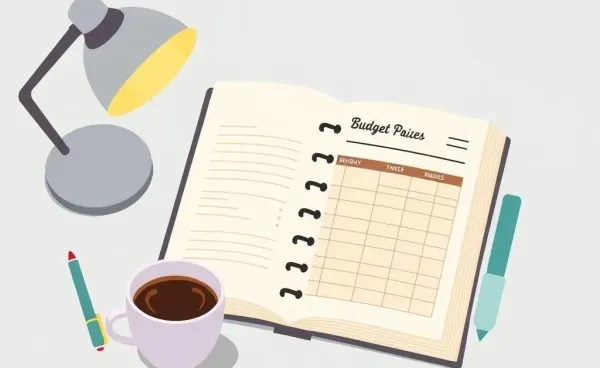 A relaxing desk setup with a planner for investments and a warm cup of coffee
