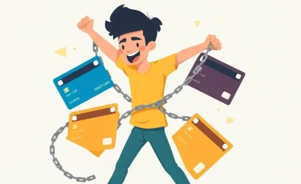 A young adult breaking free from chains made of credit cards