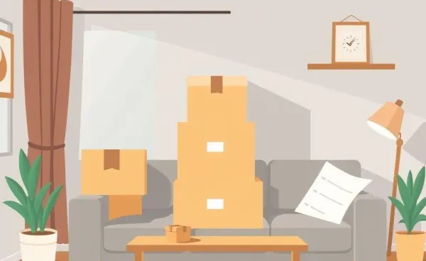 A cozy living room with moving boxes and a coffee cup symbolizing the moving process