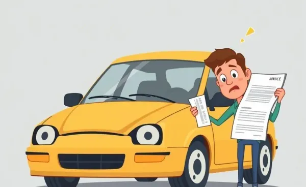 A cartoon representation of a broken-down car and a worried person holding an invoice