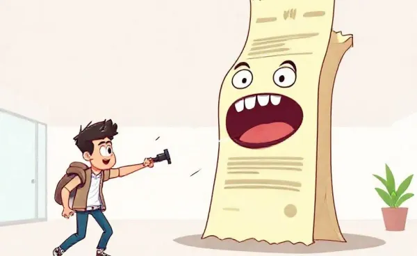 A cartoon person fighting a giant talking receipt in a surreal budget battle.