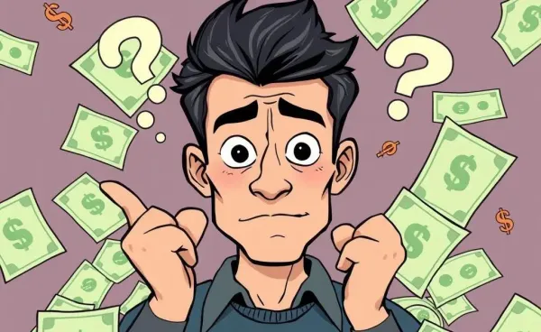 A puzzled man surrounded by bills and dollar signs on a comic cover