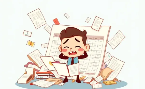 A cartoon character overwhelmed by budgeting struggles