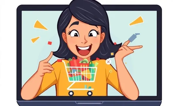 Mia in front of laptop with overflowing online shopping cart.